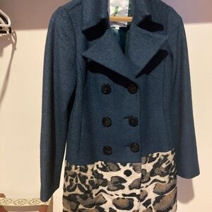 Beth Bowley size 6 teal and “animal skin” wool coat